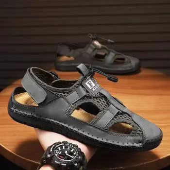 Сетчатые туфли мужские летние новые полые дышащие мужские туфли с одной педалью мягкая подошва со швами нескользящая повседневная пляжная обувь большого размера 38 зелёный