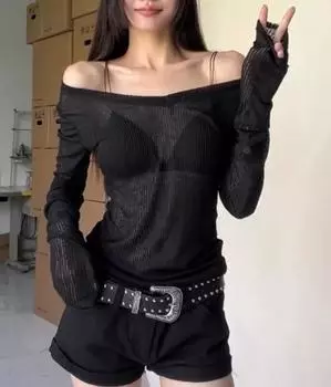 Сетчатые женские черные футболки с длинным рукавом, винтажная уличная одежда, повседневные приталенные однотонные топы, нижняя рубашка S белый