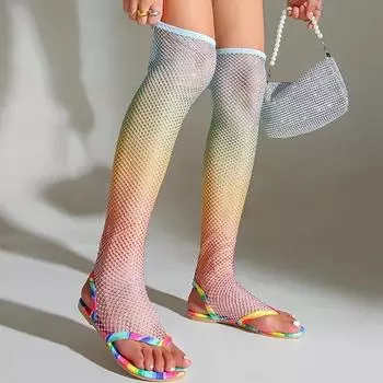 Сетчатые женские дизайнерские босоножки с застежкой-молнией на плоской подошве с кристаллами, туфли выше колена, женская трендовая обувь 2024 года, осенняя сексуальная обувь, платье Mujer Zapatillas 35