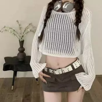Сетчатый ажурный трикотажный топ-футболка с круглым вырезом и болеро-пуловер с длинными рукавами, сексуальный укороченный топ-топ на пляже белый
