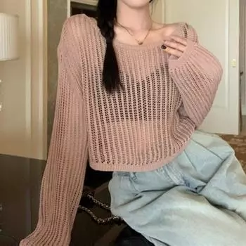 Сетчатый ажурный вязаный крючком топ футболка с круглым вырезом болеро пуловер с длинными рукавами укороченный топ лето белый