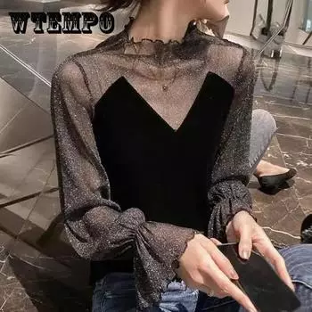 Сетчатый бархатный топ на весну и осень, женская рубашка с пышными рукавами во французском стиле, открытая ключица, полая рубашка XXXXL чёрный