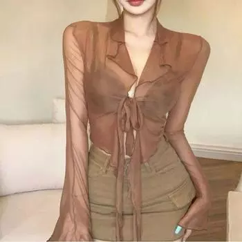 Сетчатый кардиган, женский, летний, французский, прозрачный, тонкий топ с рукавами-колокольчиками и бретелями One size чёрный