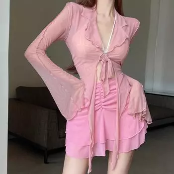 Сетчатый кардиган, женский, летний, французский, прозрачный, тонкий топ с рукавами-колокольчиками и бретелями One size чёрный