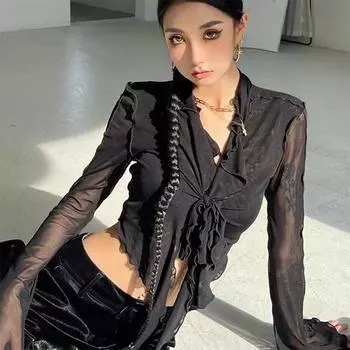 Сетчатый кардиган, женский, летний, французский, прозрачный, тонкий топ с рукавами-колокольчиками и бретелями One size чёрный