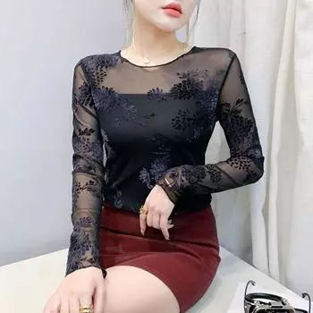 Сетчатый круглый вырез и тонкая футболка для женщин. Весенний новый модный и универсальный тонкий топ с длинными рукавами. S