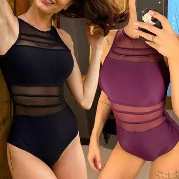 Сетчатый купальник женский цельный купальник сексуальное боди винтажный купальный костюм женский пляжная одежда S чёрный