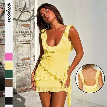 Сетчатый лоскутный комплект, женский комплект премиум-класса Sense, весенний сексуальный жилет с кисточками и открытой спиной, юбка до половины тела, комплект из двух предметов S чёрный