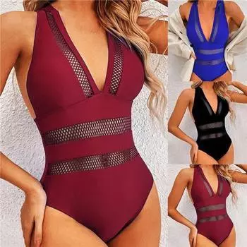 Сетчатый лоскутный купальник женский цельный купальник женский пуш-ап бикини купальщики XL чёрный