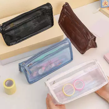 Сетчатый пенал для карандашей Прозрачная косметичка Чехол для кистей для макияжа Дорожный органайзер для косметики на молнии Сумка для хранения ручек One Size белый