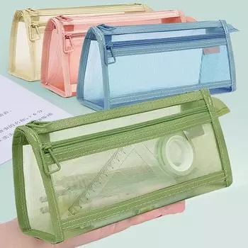 Сетчатый пенал с застежкой-молнией, прозрачный двухслойный пенал, многофункциональное хранилище канцелярских принадлежностей зелёный