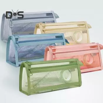 Сетчатый пенал с застежкой-молнией, прозрачный двухслойный пенал, многофункциональная сумка для хранения канцелярских принадлежностей, органайзер для косметики для офиса и дома синий