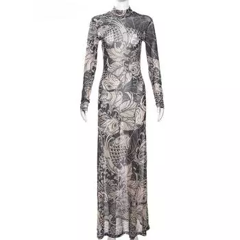 Сетчатый принт Женское макси-платье Водолазка Полный рукав Облегающее осеннее модное хипстерское платье для вечеринок на улице Y2K Наряд S хаки