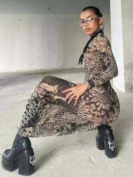 Сетчатый принт Женское макси-платье Водолазка Полный рукав Облегающее осеннее модное хипстерское платье для вечеринок на улице Y2K Наряд S хаки