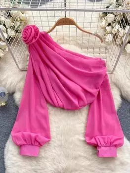 Сетчатый шифоновый топ с косым воротником и цветочной аппликацией для женщин, элегантные модные клубные укороченные топы, прозрачный пуловер, новинка