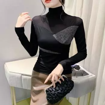 Сетчатый топ с высоким воротом и бархатной теплой базовой рубашкой для женщин, весенняя футболка с длинными рукавами, облегающий крой S
