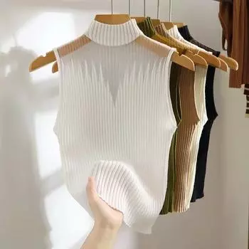 Сетчатый трикотажный топ для женщин Y2K майка с коротким вырезом жилет женский без рукавов свитер шикарный вырез уличный однотонный облегающий топ-труба One Size белый