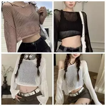 Сетчатый укороченный топ с длинными рукавами, футболка с круглым вырезом, болеро, сексуальный ажурный вязаный крючком топ для женщин белый