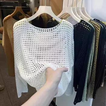 Сетчатый винтажный женский свитер с длинным рукавом в стиле Харадзюку, корейский трикотаж на весну и лето, мягкие тонкие топы, шикарный однотонный женский свитер XL белый