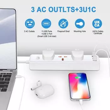 Сетевой фильтр 6 в 1, 3 вида вилок (опционально) с 3 широко разнесенными розетками переменного тока и 3 портами USB UK белый