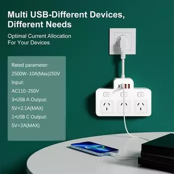 Сетевой фильтр AU Plug, настенный, независимый выключатель, розетка с 3 портами USB, 1 порт типа C, сетевой фильтр для зарядки, адаптер AU Plug чёрный