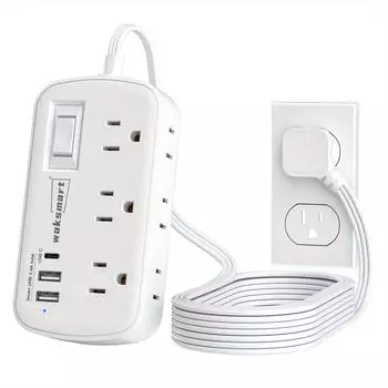 Сетевой фильтр с плоским штекером, удлинитель 5 футов, ультратонкий удлинитель с 3 USB-зарядным устройством(1 USB-C),Компактная настольная зарядная станция на 6 розеток
