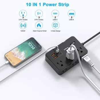 Сетевой фильтр с удлинителем на 6 широко расставленных розеток, 4 порта USB, 5-футовый удлинитель с ультратонкой плоской вилкой, адаптер питания для домашнего офиса 110-250V&us&6 чёрный