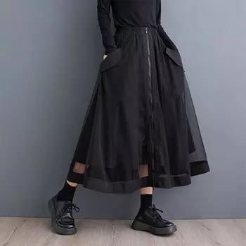 Сетка большого размера Высокая талия винтажная весна лето осень повседневная свободная длинная для женщин юбки женская юбка чёрный