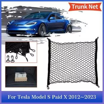 Сетка для багажника автомобиля Tesla Model S Plaid X 2012~2024 2015, органайзер для хранения, задняя сетка, эластичный карман, крючок, аксессуары для интерьера