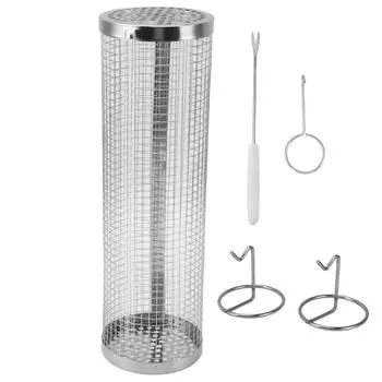 Сетка для барбекю, вращающаяся корзина для гриля, проволочная сетка из нержавеющей стали, цилиндрическая корзина для гриля с крючком для вилки