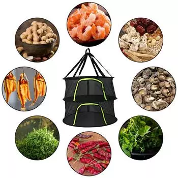 Сетка для сушки трав, подвесная корзина, складная стойка для овощей, цветов, бутонов, растений, органайзер, 2 слоя, сетчатый мешок для сушки с застежкой-молнией чёрный