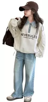 Setup Kids Girls Clothes Junior Long Sleeve Denim Pants Korean Clothes Junior Autumn Clothes Stylish Cute Room Wear Loungewear Spring Autumn Birthday белый