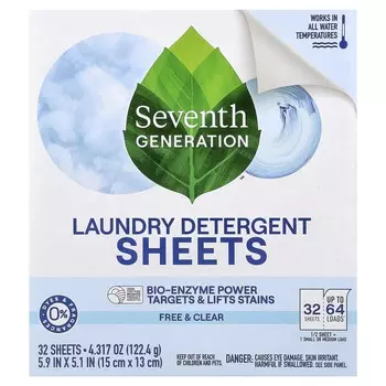 Seventh Generation, Laundry Detergent Sheets, Free & Clear, 32 Sheets, 4.317 oz (122.4 g)