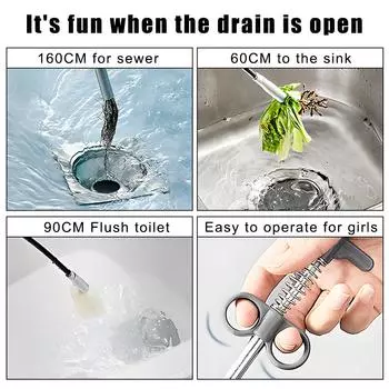 Sewer Pipe Unblocker Kitchen Sink Dredging Tool Bathroom Hair Cleaner Blockage Hook Clog Plug Hole 60/90/160cm Shower Pipeline