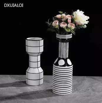Северная черно-белая полосатая креативная керамическая ваза геометрические украшения для украшения комнаты аксессуары для домашнего декора