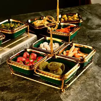 Северная Европа темно-зеленая закусочная тарелка керамическая миска для сухофруктов с металлическим основанием двухслойная фруктовая тарелка столовая посуда