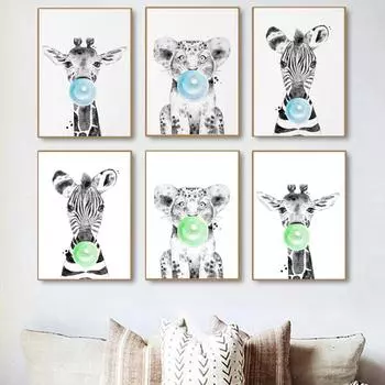 Северное животное зебра жираф пускает мыльные пузыри принты и постеры настенное искусство холст живопись настенные картины для гостиной домашний декор без рамки 21*30cm No Frame