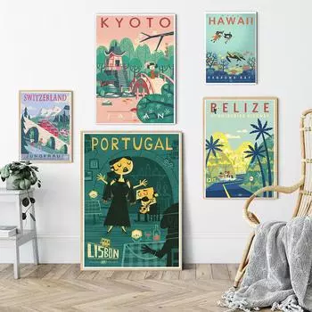 Северный мультфильм путешествия плакат Япония Португалия Гавайи холст картина абстракция современное настенное искусство картина для гостиной домашний декор 21x30cm No Framed
