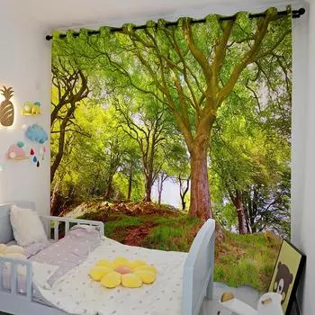Северный пейзаж Лес Зеленый Желтый лес Отель Спальня Гостиная Кабинет Окно Шторы Ткани Высокое затенение Новый W55 X H120cm X 2&HOOK