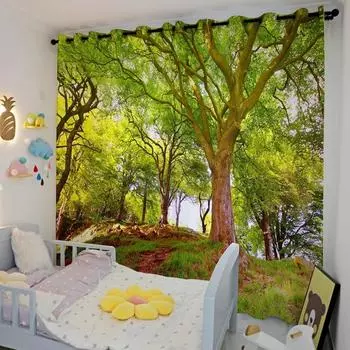 Северный пейзаж Лес Зеленый Желтый лес Отель Спальня Гостиная Кабинет Окно Шторы Ткани Высокое затенение Новый W55 X H120cm X 2&HOOK