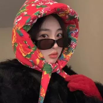 Северо-восточная мода, мягкая хлопковая ткань с большим цветком, головной платок, шапка, женская зимняя, новая, праздничная, теплая, с ремешком, для защиты ушей от холода, прилив M56-58cm красный