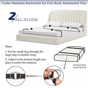 Секс-бондаж, ограничения, ремни, манжеты на щиколотках, повязка на глаза, перо, щекотка, раб, ограничения на кровать, БДСМ