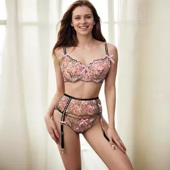 Сексуальный кружевной комплект с подвязками для чулок, бюстгальтер на косточках, собирающий, большого размера, стиль «три точки» S