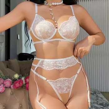 Секс-комплект Сексуальное удовольствие Французский ультратонкий вышитый кружевной маленький пояс для чулок набор из трех предметов S