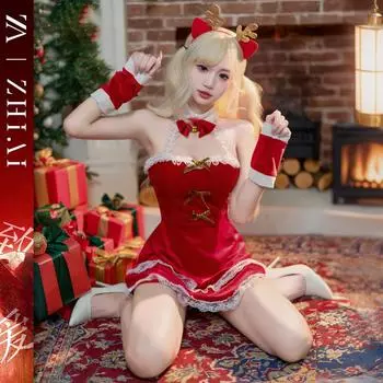 Сексуальное нижнее белье новое красное рождественское одежда женская сексуальная чистое желание косплей страсть лось униформа новогодний костюм One size fits all [80-60kg]