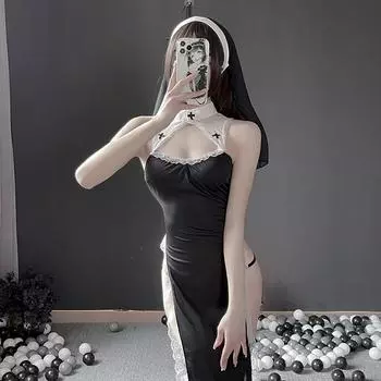 Секс нун сексуальный горячий чистая похоть высокий разрез страсть косплей униформа соблазнение костюм пижама женщина average size 80-60kg