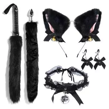 Секс-реквизит Анальная пробка-хвост, набор из 3 предметов, кружевной ошейник с бантом, зажим для груди с кошачьим похлопыванием Товары для взрослых