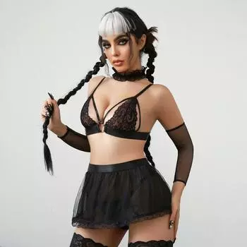 Секс-комплект французское кружево в сочетании с прозрачной сеткой соблазнительные чулки соблазн молочный комплект из пяти предметов S