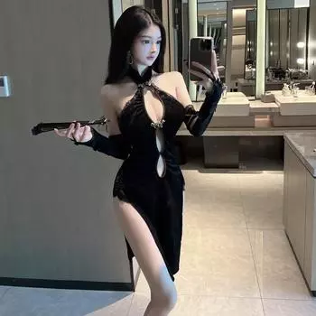 Сексуальное нижнее белье Партия Классический Ципао с высоким разрезом Соблазн Ретро Глубокое V Открытый комплект пижамы Униформа Average size 80-65kg