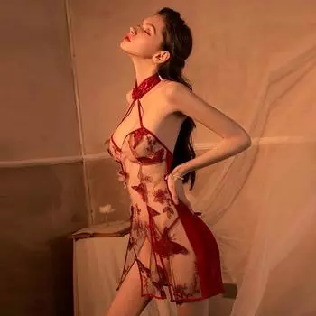 Sex underwear butterfly embroidered pajamas sexy retro cheongsam style uniform temptation plus size suit One size